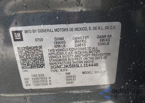 2020 Chevrolet Trax Fwd Ls z USA, uszkodzony, nr VIN 3GNCJKSB5LL114448